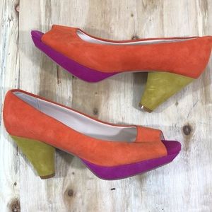 Sasha London Lotus Peep Toe Colorful Suede Pumps Fuchsia Gold & Orange 7